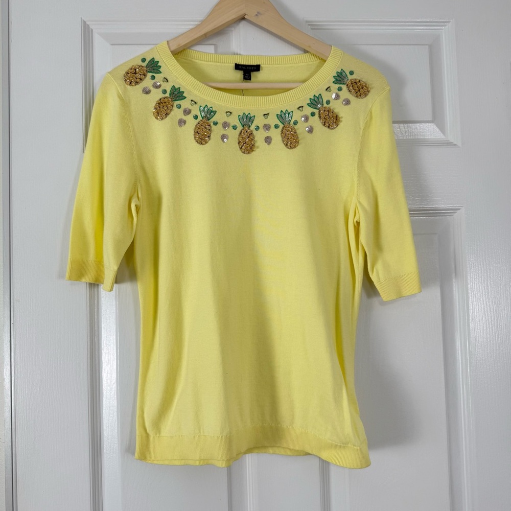 Talbots Yellow Pineapple Embroidered Short Sleeve Knit Top Sweater Medium